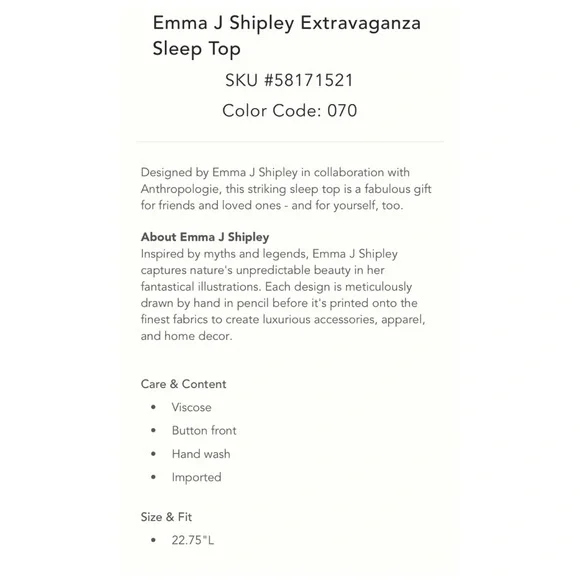 NWOT Anthropologie Emma J Shipley Extravaganza Lounge Top  Size Small - Picture 9 of 9